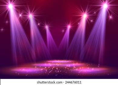 Spotlights on stage with smoke & light. Vector illustration.