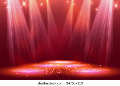 Spotlights on stage with smoke & light. Vector illustration.