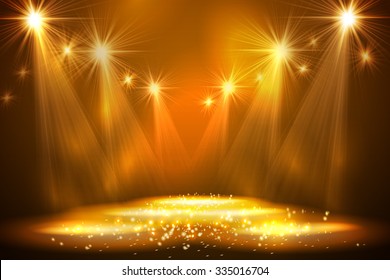 Spotlights on stage with smoke  light. Vector illustration.