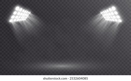  Spotlights on a transparent background. Stage lighting with bright LED strobe lights. Laser light show from many spotlights.