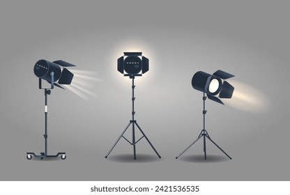 Spotlights On Tripod Illuminate And Highlight Objects Or Areas. Realistic 3d Vector Lamps Used In Theaters, Stages