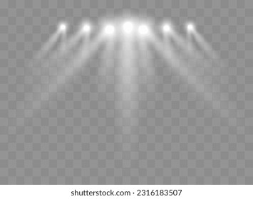 Spotlights With Rays. Shining light beams isolated. Vector transparent light effect