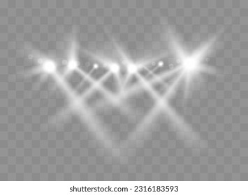 Spotlights With Rays. Shining light beams isolated. Vector transparent light effect