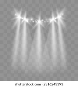 Spotlights With Rays. Shining light beams isolated. Vector transparent light effect
