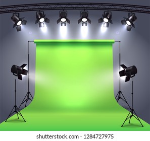 Spotlights realistic composition with photo shooting studio environment chroma key cyclorama surrounded by professional spot lights vector illustration