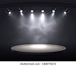 Spotlights realistic composition with round plot highlighted by six spot lights throwing bright light through smoke vector illustration