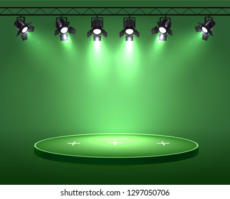 Spotlights realistic composition with set of six spot lights hanging on reel above the circle plot vector illustration