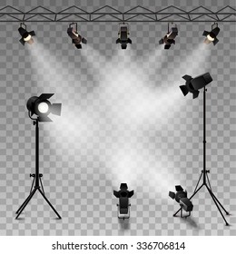 Spotlights realistic transparent background for show contest or interview vector illustration 