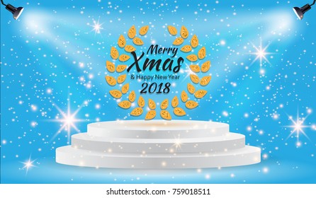 Spotlights scene light effects with snowflakes, Christmas Holiday. New Year 2018. Vector illustration