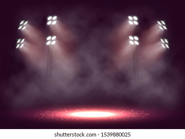 Spotlights. Scene for presentation illuminated by spotlights with smoke. Vector illustration.