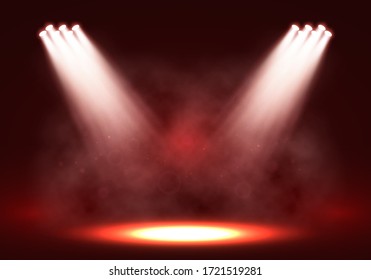 Spotlights. Scene for presentation illuminated by spotlights with smoke. Vector illustration.