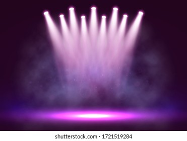 Spotlights. Scene for presentation illuminated by spotlights with smoke. Vector illustration.