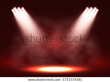 Spotlights. Scene for presentation illuminated by spotlights with smoke. Vector illustration.