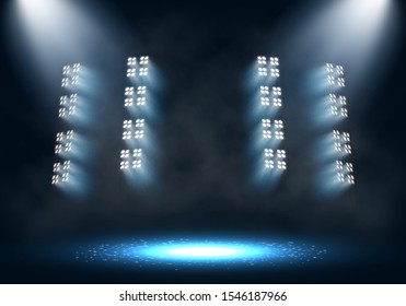 Spotlights. Scene for presentation with smoke illuminated by spotlights. Vector illustration.