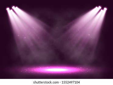 Spotlights. Scene for presentation with smoke illuminated by spotlights. Vector illustration.