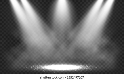 Spotlights. Scene for presentation with smoke illuminated by spotlights. Vector illustration.