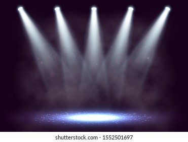 Spotlights. Scene for presentation with smoke illuminated by spotlights. Vector illustration.