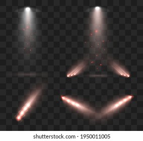 Spotlights set isolated on transparent background. Vector glowing light effect with golden rays and lens flares