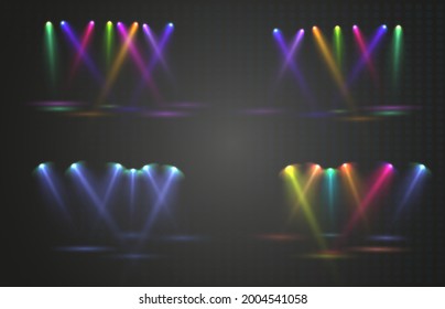 Spotlights set isolated on transparent background. Vector glowing light effect with golden rays and lens flares.	