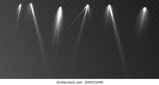 Spotlights set isolated on transparent background. Vector glowing light effect with golden rays and lens flares.	