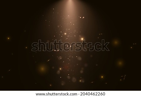 Spotlights set isolated on transparent background. Vector glowing light effect with golden rays and lens flares.	