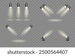 Spotlights set, stage and studio light, realistic hanging lamps. Spot lights and searchlights for concert. Vector