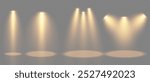 Spotlights set, stage and studio light, realistic lamps. Spot lights and searchlights, projector bright rays. Glow isolated white transparent light effect set.