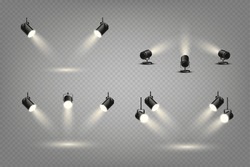 Spotlights Set, Stage And Studio Light, Realistic Hanging And Standing Lamps. Spot Lights And Searchlights For Concert, Projector Bright Rays, Transparent 3d Isolated Element Vector Design