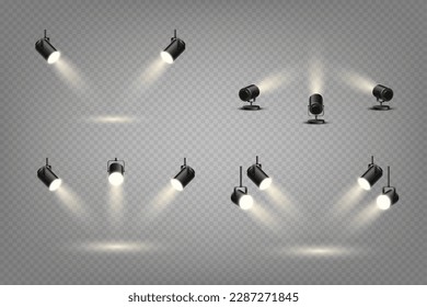 Spotlights set, stage and studio light, realistic hanging and standing lamps. Spot lights and searchlights for concert, projector bright rays, transparent 3d isolated element vector design