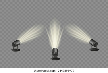 Conjunto de focos, luz de escenario y estudio, lámparas colgantes realistas. Luces focales y reflectores para conciertos. Vector