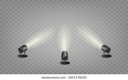 Spotlights set, stage and studio light, realistic hanging lamps. Spot lights and searchlights for concert. Vector