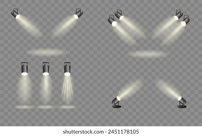 Spotlights set, stage and studio light, realistic hanging lamps. Spot lights and searchlights for concert. Vector