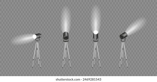 Spotlights set, stage and studio light, realistic hanging lamps. Spot lights and searchlights for concert. Vector