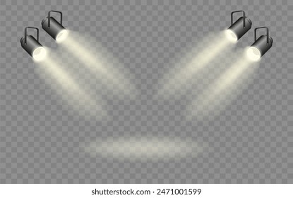 Spotlights set, stage and studio light, realistic hanging lamps. Spot lights and searchlights for concert. Vector