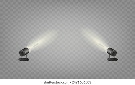 Spotlights set, stage and studio light, realistic hanging lamps. Spot lights and searchlights for concert. Vector