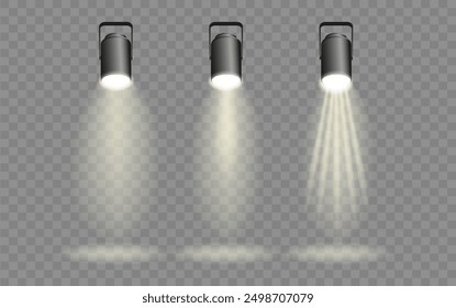 Spotlights set, stage and studio light, realistic hanging lamps. Spot lights and searchlights for concert. Vector