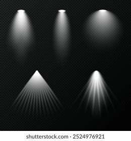 Spotlights set, stage and studio light. Spot lights and searchlights for concert, projector bright rays. Vector illustration isolated on transparent background.