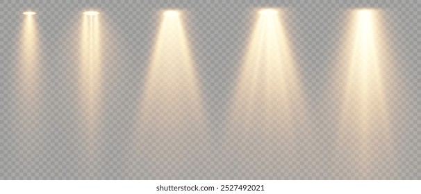 Spotlights set, stage and studio light, realistic lamps. Spot lights and searchlights, projector bright rays. Glow isolated white transparent light effect set.