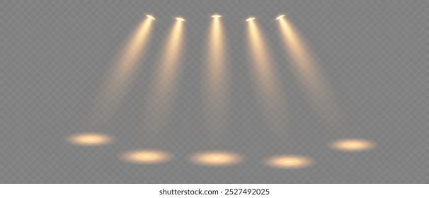 Conjunto de focos, escenario y luz de estudio, lámparas realistas. Luces de punto y reflectores, proyector de rayos brillantes. Resplandor aislado blanco transparente efecto conjunto.