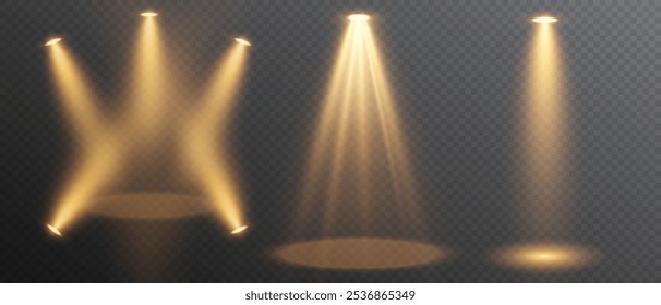 Spotlights set, stage and studio light, realistic lamps. Spot lights and searchlights, projector bright rays. Glow isolated white transparent light effect set.