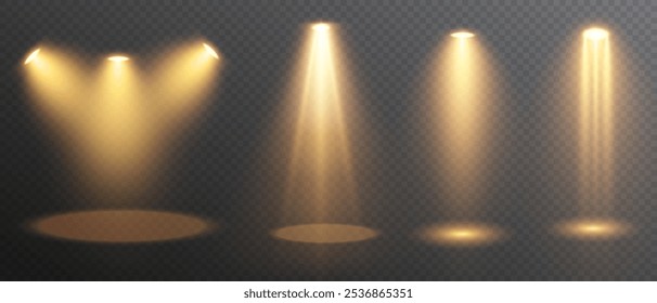 Conjunto de focos, escenario y luz de estudio, lámparas realistas. Luces de punto y reflectores, proyector de rayos brillantes. Resplandor aislado blanco transparente efecto conjunto.