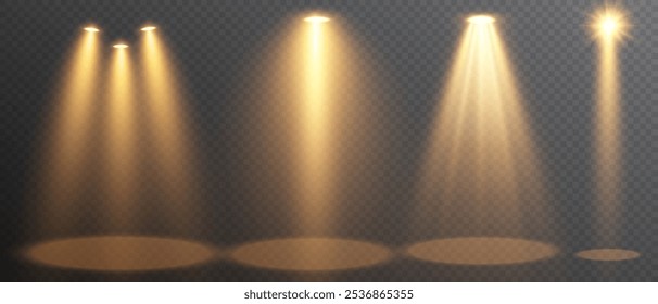 Spotlights set, stage and studio light, realistic lamps. Spot lights and searchlights, projector bright rays. Glow isolated white transparent light effect set.