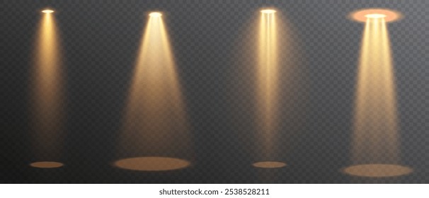 Spotlights set, stage and studio light, realistic lamps. Spot lights and searchlights, projector bright rays. Glow isolated white transparent light effect set.