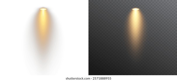 Spotlights set, stage and studio light, realistic lamps. Spot lights and searchlights, projector bright rays. Glow isolated white transparent light effect set.