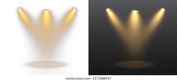 Spotlights set, stage and studio light, realistic lamps. Spot lights and searchlights, projector bright rays. Glow isolated white transparent light effect set.
