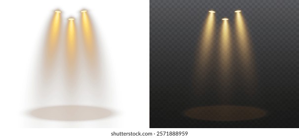 Spotlights set, stage and studio light, realistic lamps. Spot lights and searchlights, projector bright rays. Glow isolated white transparent light effect set.