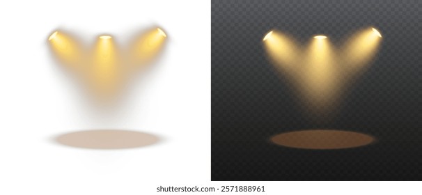 Spotlights set, stage and studio light, realistic lamps. Spot lights and searchlights, projector bright rays. Glow isolated white transparent light effect set.