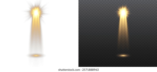Spotlights set, stage and studio light, realistic lamps. Spot lights and searchlights, projector bright rays. Glow isolated white transparent light effect set.