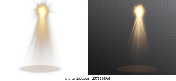 Spotlights set, stage and studio light, realistic lamps. Spot lights and searchlights, projector bright rays. Glow isolated white transparent light effect set.