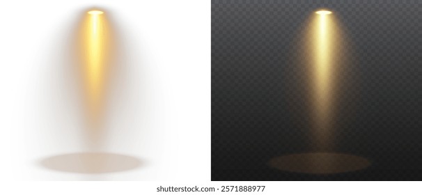 Spotlights set, stage and studio light, realistic lamps. Spot lights and searchlights, projector bright rays. Glow isolated white transparent light effect set.